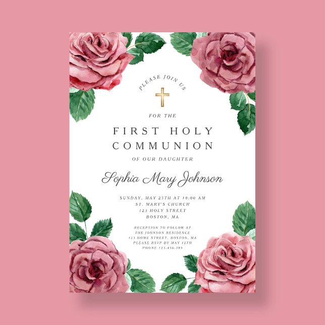 Convite Menina Rosa Floral Primeira Comunhão Religiosa Men (Floral Pink Peonies Girl Religious First Communion Invitation)