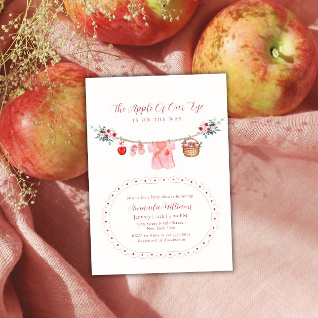 Convite Menina Rosa Maçã dos Nossos Olhos Chuveiro de Roup (Pink Girl Apple Of Our Eye Clothesline Baby Shower Invitation)