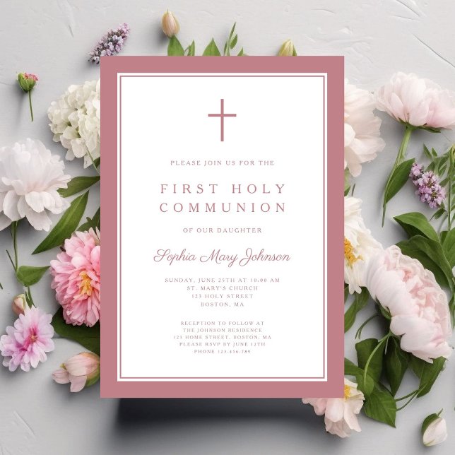 Convite Menina Rosa Moderna Primeira Comunhão Santa (Modern Pink Cross Girl First Holy Communion Invitation)