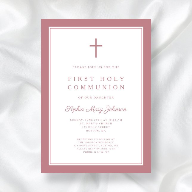 Convite Menina Rosa Moderna Primeira Comunhão Santa (Modern Pink Cross Girl First Holy Communion Invitation)