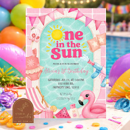 Convite Menina Rosa Piscina Um no Sol Aniversário