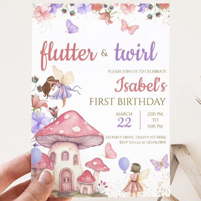 Convite Menina Rosa Roxo Floral Fada Aniversário (Criador carregado)