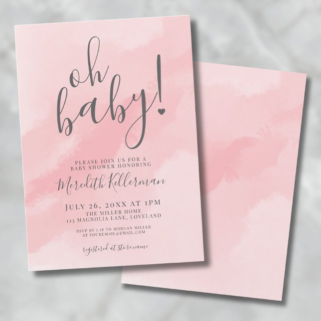 Convite Menina Rosa Simples Aquarela Oh Chá de Bebê (Oh Baby Shower Simple Pink Watercolor Invitation)