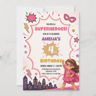 Convite Menina Rosa Super-Heroína Quadrinhos Aniversário