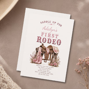 Convite Menina Rosa Vintage Primeiro Rodeio Aniversário de