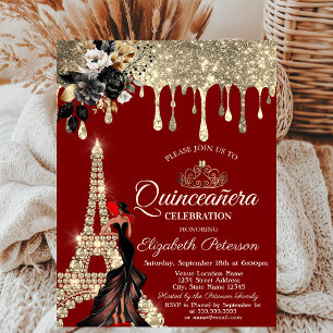 Convite Menina Rosas Pretas Torre Eiffel Dourado Gotejamen
