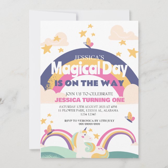 Convite Menina Simples, Rosa, Unicórnio Primeiro Aniversár (Frente)