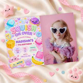 Convite Menina Squishy Fofa Kawaii Foto Colorida de Aniver