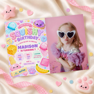 Convite Menina Squishy Fofa Kawaii Foto Colorida de Aniver