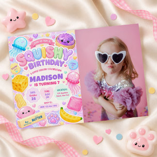 Convite Menina Squishy Fofa Kawaii Foto Colorida de Aniver