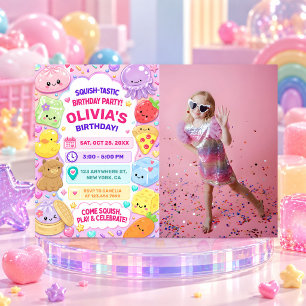 Convite Menina Squishy Fofa Kawaii Foto Colorida de Aniver