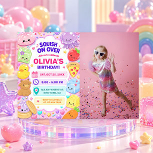 Convite Menina Squishy Fofa Kawaii Foto Colorida de Aniver