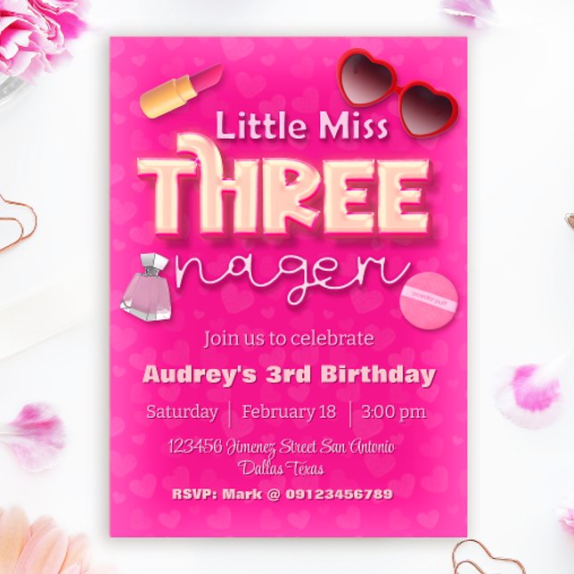 Convite Menina Threenager - aniversário de 3 anos (Little Miss Threenager - Girl 3rd Birthday Invitation)