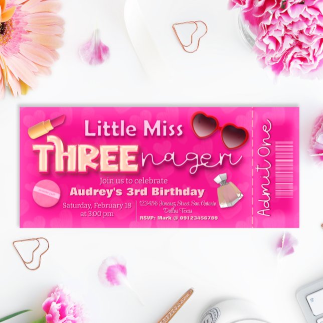 Convite Menina Threenager - Bilhete de aniversário de 3 an (Little Miss Threenager - Girl 3rd Birthday Ticket Invitation)