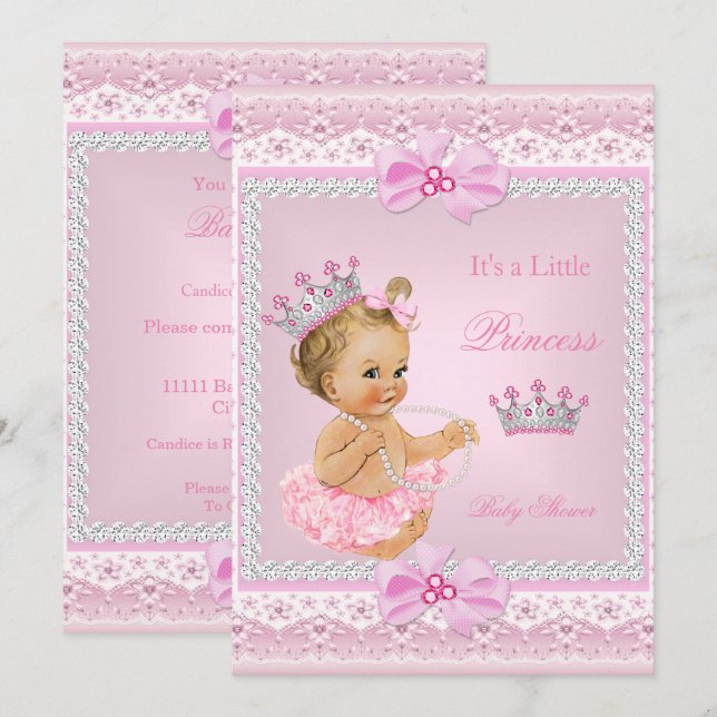 Convite Menina Tiara Princesa Chuvada de Bebê Rosa Pérolas (Frente/Verso)