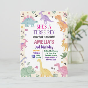Convite Menina Três Rex Dinossauro 3º Aniversário