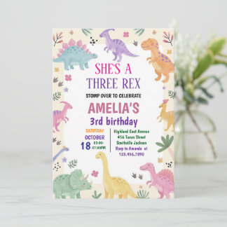 Convite Menina Três Rex Dinossauro 3º Aniversário
