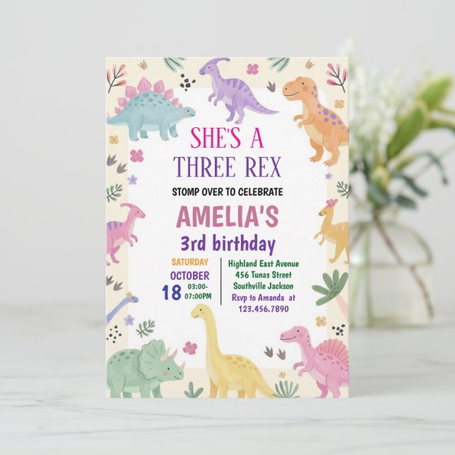 Convite Menina Três Rex Dinossauro 3º Aniversário (Em pé/Frente)