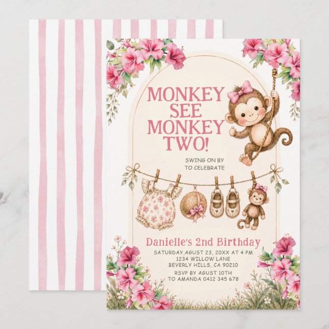 Convite Menina Tropical Macaco Vê Macaco Dois Aniversário (Frente/Verso)