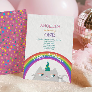 Convite Menina Unicórnio Gatinho Fofo 1º Aniversário