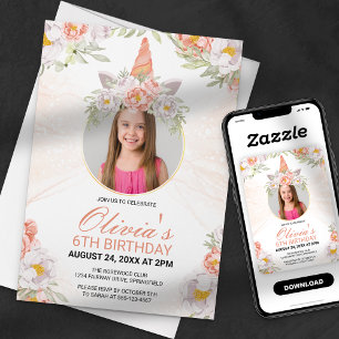 Convite Menina Unicórnio Mágico Foto Floral Aniversário 