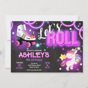Convite Menina Unicórnio Patinação de Rodas Aniversário Ne