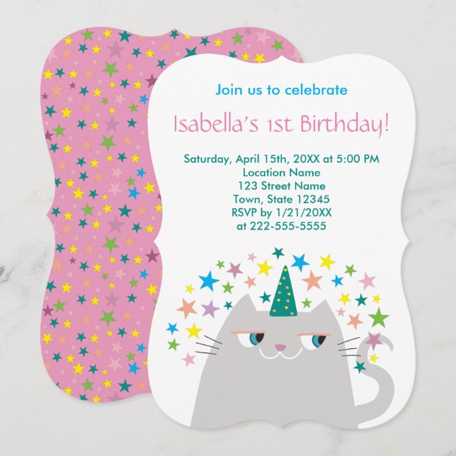Convite Menina Unicórnio Rosa 1º Aniversário (Frente/Verso)