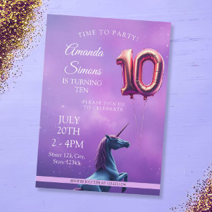 Convite Menina Unicórnio Rosê Galáxia Roxa 10º Aniversário