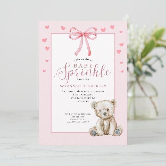 Convite Menina Urso de Pelúcia Rosa Bege com Sprinkle (Em pé/Frente)