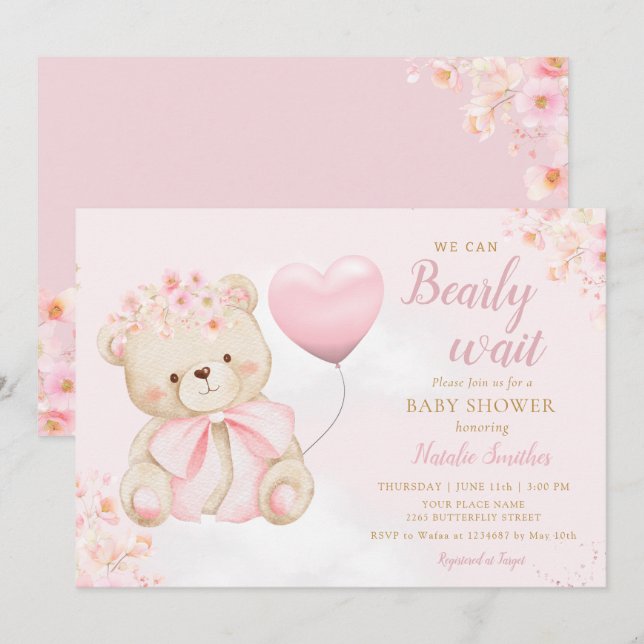 Convite Menina Urso Teddy Boho Rosa Mal Podemos Esperar Ch (Frente/Verso)