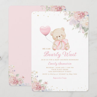 Convite Menina Urso Teddy Boho Rosa Mal Posso Esperar Chuv