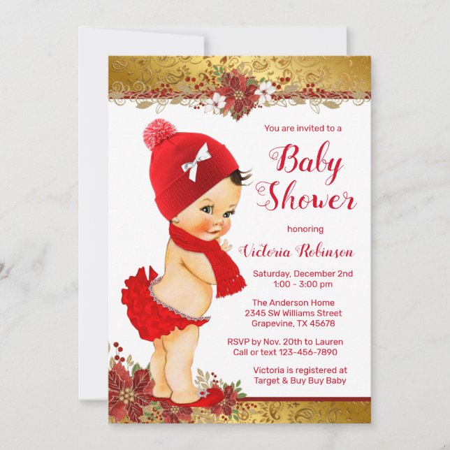 Convite Menina Vermelho Dourado Natal Chuvada de Bebê More (Frente)