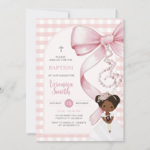 Convite Menina Xadrez Rosa Batismo Laço Rosa Pérola Cabelo