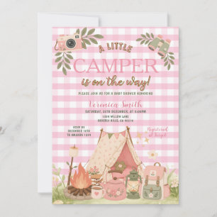 Convite Menina Xadrez Rosa Festa de Bebê Camping