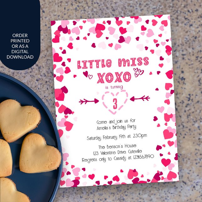 Convite Menina XOXO Pink Love Corta Meninas Aniversário (Little Miss XOXO Bright Pink Girls Birthday Invitation)