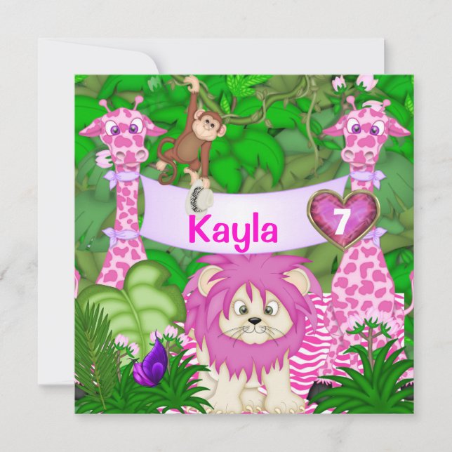 Convite Meninas 5 BIRTHDAY Jungle Invitation com macacos (Frente)