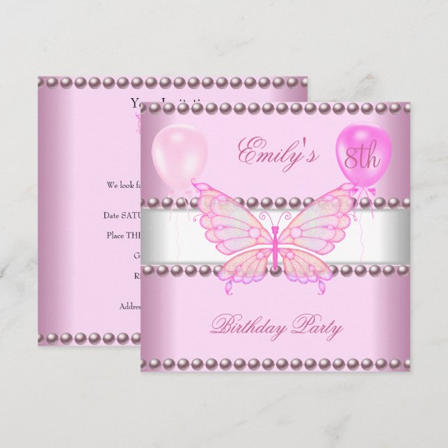 Convite Meninas 8º Aniversário Borboleta Rosa Pérolas Balõ (Frente/Verso)