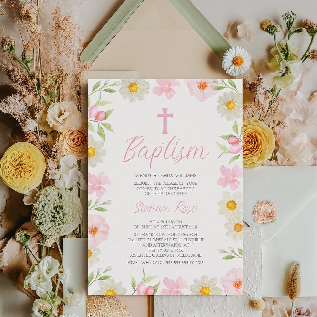Convite Meninas Amarelas Modernas Cor-de-Rosa Primavera Ba (Modern Floral Baptism Invitation for Baby Girl, Pastel Floral Baptism Invitation, Watercolor Pink)