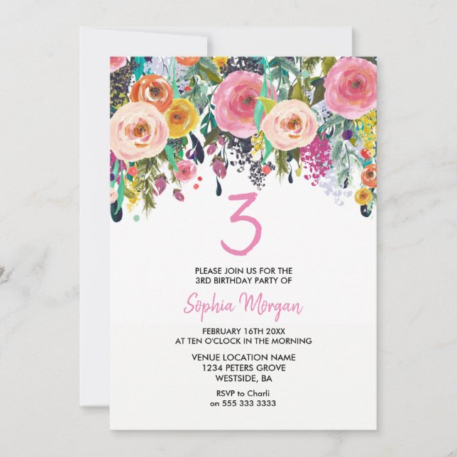 Convite Meninas aniversário de 3 anos Convidam Pêssego Ros (Frente)