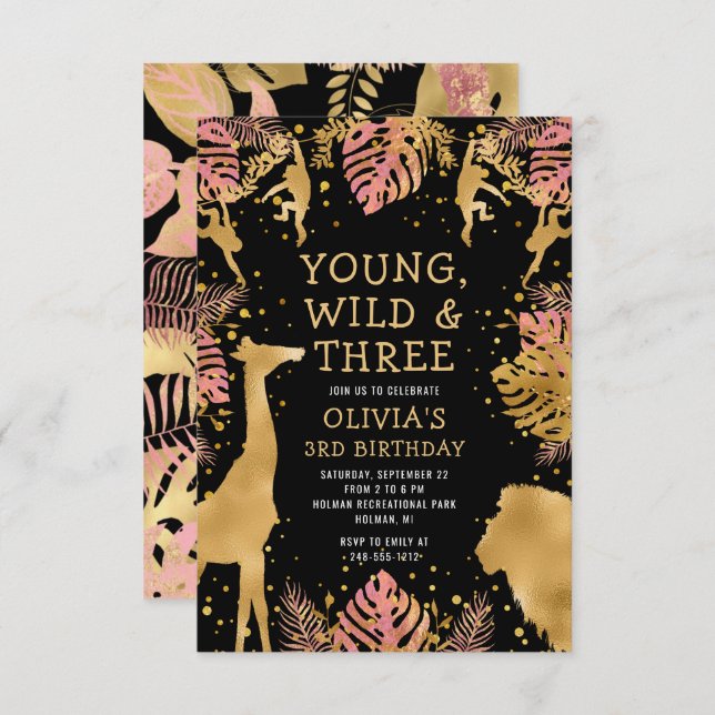 Convite Meninas aniversário de 3 anos cor-de-rosa Dourado  (Frente/Verso)