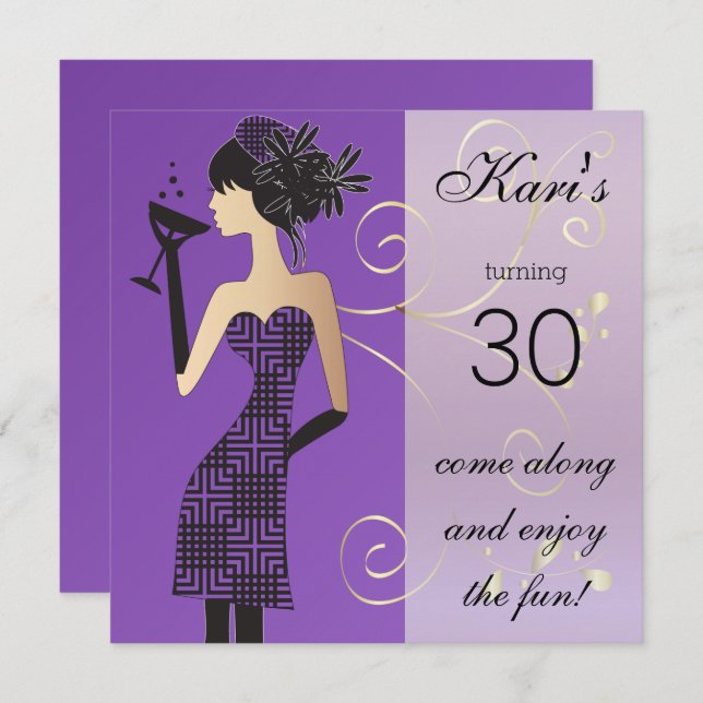 Convite Meninas Aniversário ou Bachelorette Bash em Roxo (Frente/Verso)