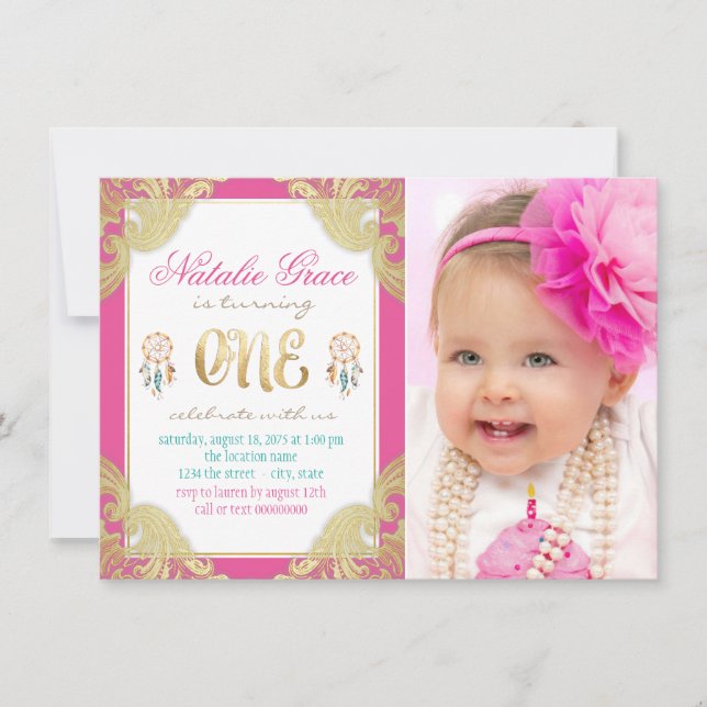 Convite Meninas Boho Primeiro Aniversário (Frente)