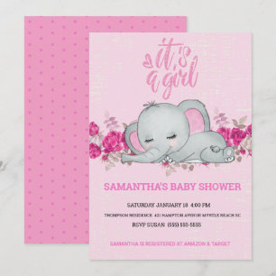 Convite Meninas bonitas Elefante De Bebê Dormindo Rosa Fl