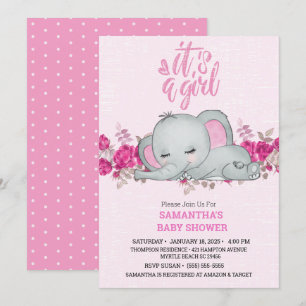 Convite Meninas bonitas Elefante De Bebê Dormindo Rosa Fl