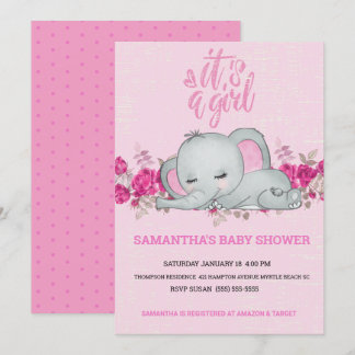 Convite Meninas bonitas Elefante De Bebê Dormindo Rosa Flo