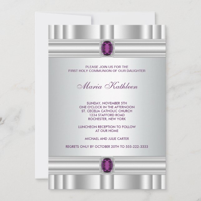 Convite Meninas Branco Roxo Primeira Comunhão (Frente)