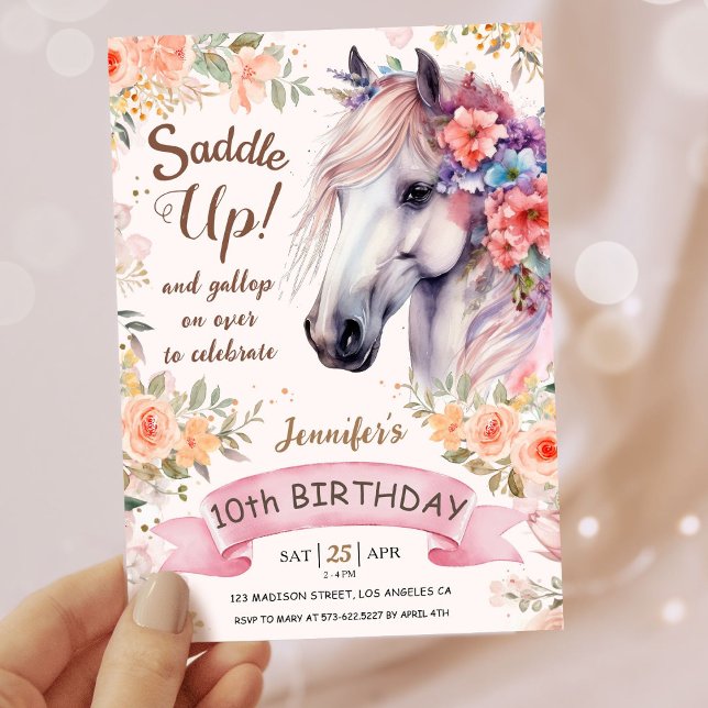 Convite Meninas Cavalo 10º Aniversário Flores Rosa Varrem- (Criador carregado)