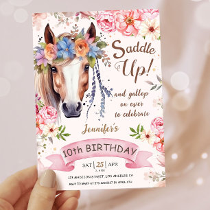 Convite Meninas Cavalo 10º Aniversário Rosa Floral Cowgirl