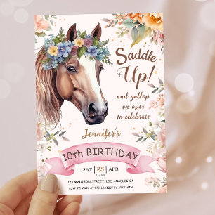 Convite Meninas Cavalo 10º Aniversário Rosa Floral Saddle