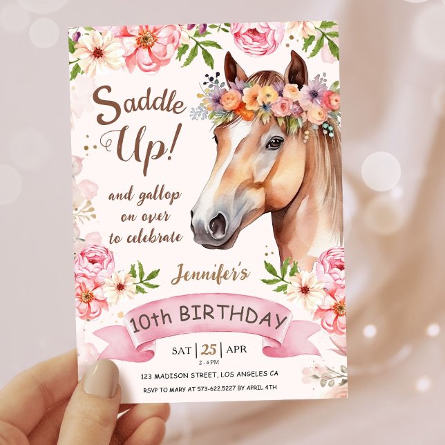 Convite Meninas Cavalo 10º Aniversário Saddle Floral Up! (Criador carregado)